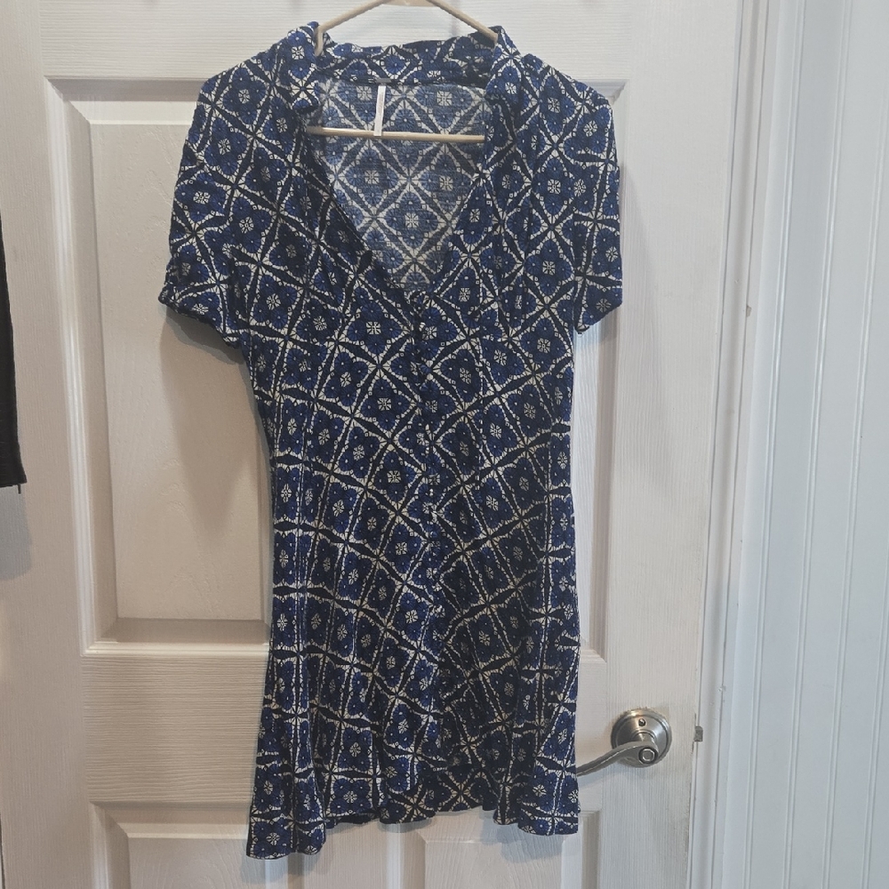 Free People Blue and White Patterned Blouse